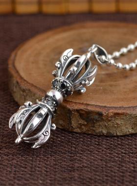 网红 925银复古工艺手工挂件吊饰男款泰银镶锆石金刚杵吊坠