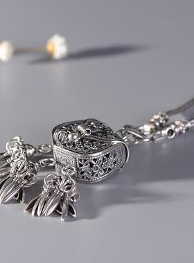 网红- S925银复古 女款泰银手工包包香囊毛衣链坠一体套链