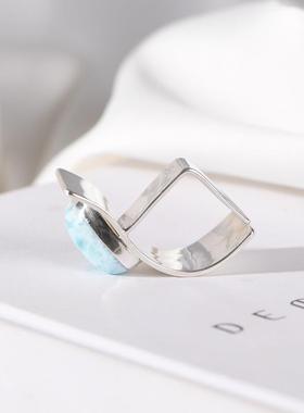 网红- S925银复古时尚银饰指环 创意设计镶拉利玛海纹石女款戒指