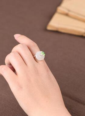 网红- S925银复古 女款时尚气质竹叶和田玉平安扣开口戒指指环