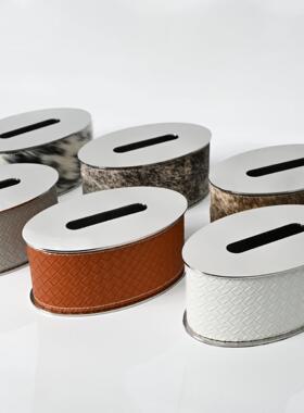 现轻奢不代锈钢椭圆纸巾盒进BOV口民马毛创意摆件卫生桌间面宿样