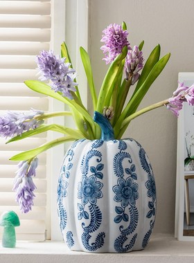 陶瓷手绘蓝色南瓜客厅玄关酒柜装A饰品桌面花瓶创意摆件青花瓷摆