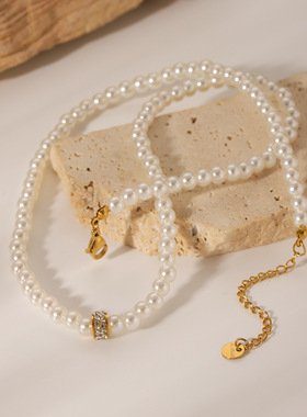 日本品质法式INS风不锈钢圆环镶钻吊坠珍珠项链女小众轻奢高级感