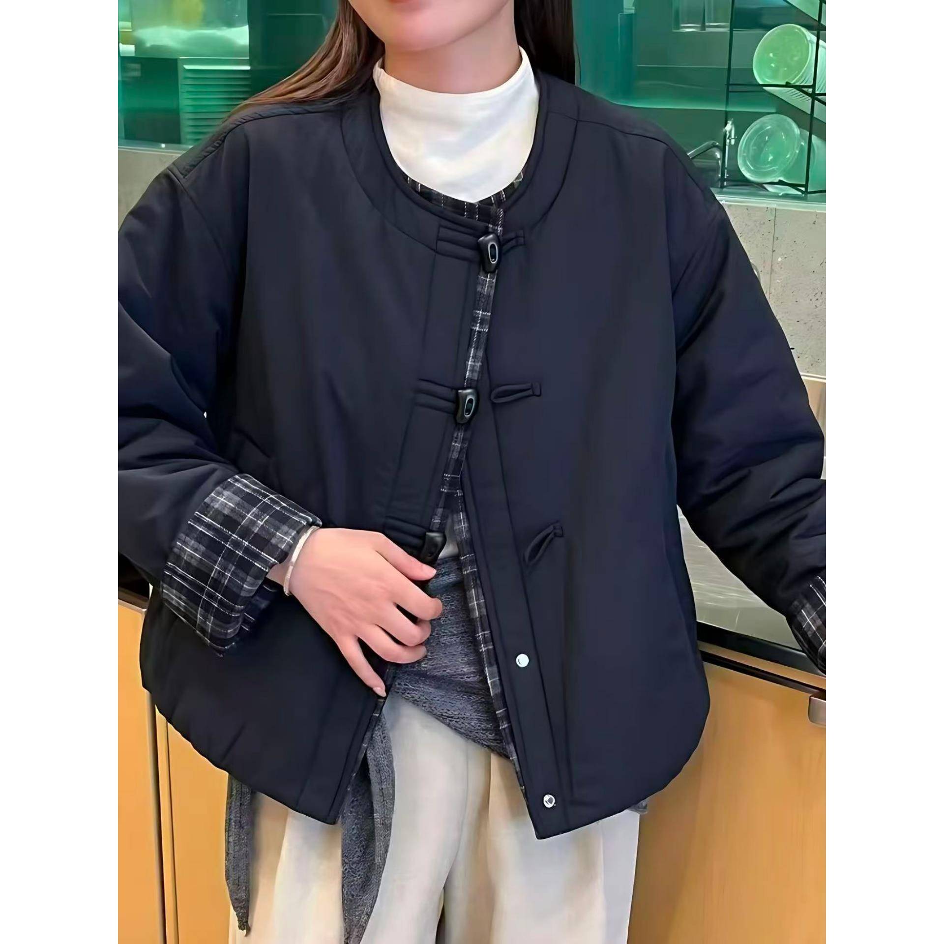 格子袖撞色拼接棉服女2025秋冬新款气质百搭宽松时尚休闲棉衣外套 - 图2