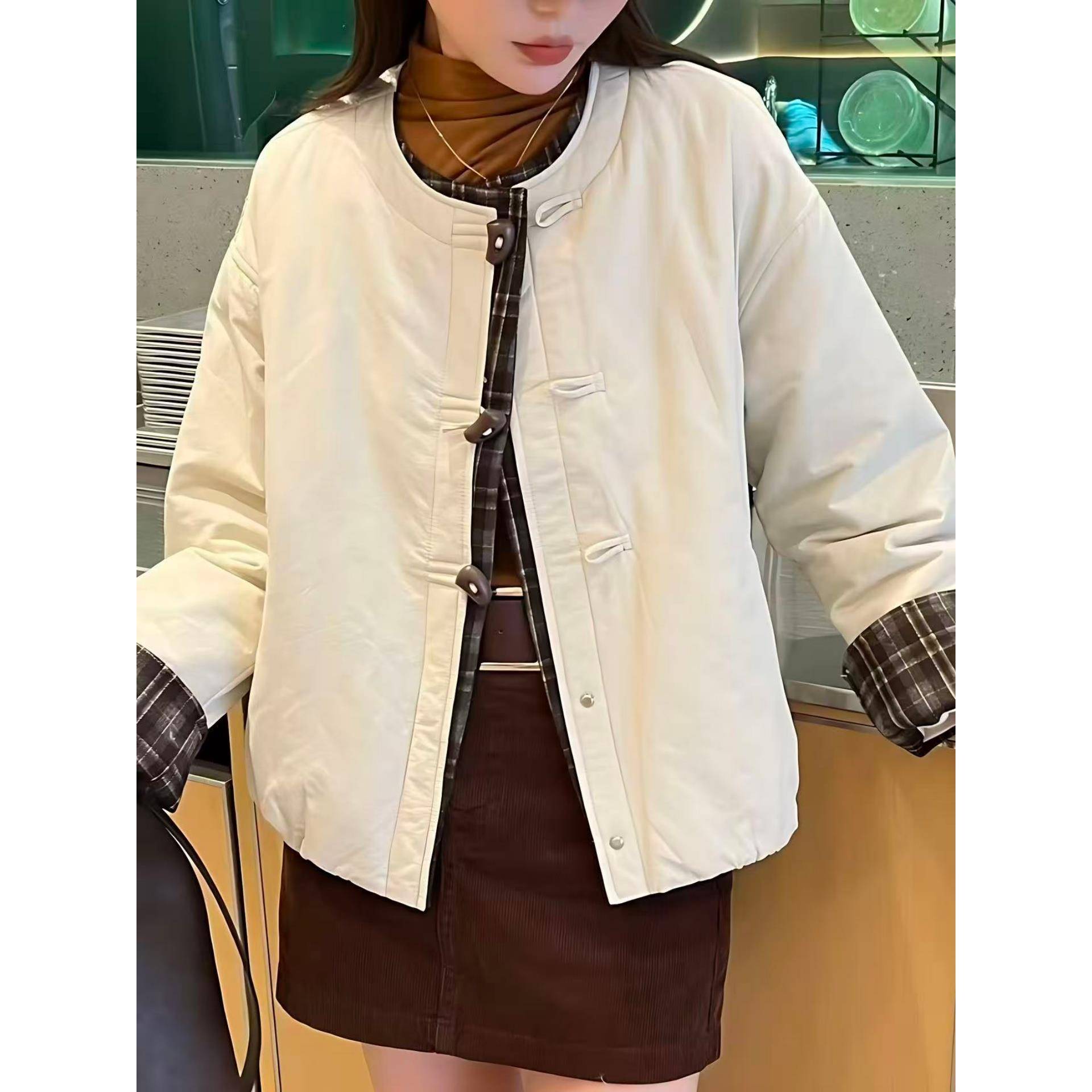 格子袖撞色拼接棉服女2025秋冬新款气质百搭宽松时尚休闲棉衣外套 - 图1