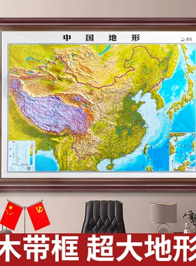 实木边框3D凹凸中国世界实木带框装裱办公室家居挂图壁画装饰画