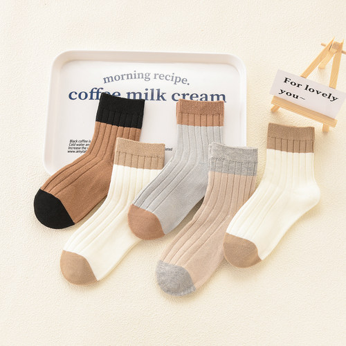 儿童袜秋冬款中筒棉袜子5双大中小童长筒棉袜学生潮流百搭棉袜JX - 图0