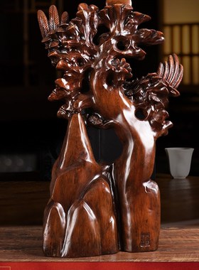 速发大展宏图老鹰装木雕迎客松摆件大鹰展翅雄鹏家居办公室老板桌