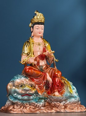 速发仿铜彩文殊菩萨坐工彩绘华严三圣佛像供佛摆件家用树脂装饰像