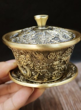 速发黄铜三件套摆茶盖碗浮中式客厅宫廷龙凤新雕茶碗朋友送礼高档