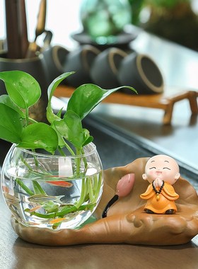 速发可爱小和尚韵莲陶瓷底座水培关视柜办玄桌面工位家居公电装饰