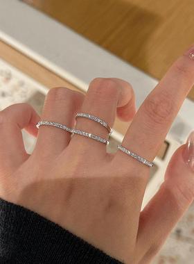 极简超细小钻莫桑石排戒银色满钻半圈叠带女戒指小众关节尾银戒指