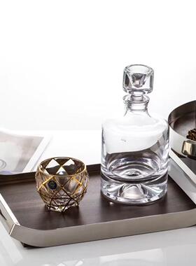 意式简约高端胡桃木托盘家居装饰收纳托盘圆香薰摆放盘不锈钢托盘