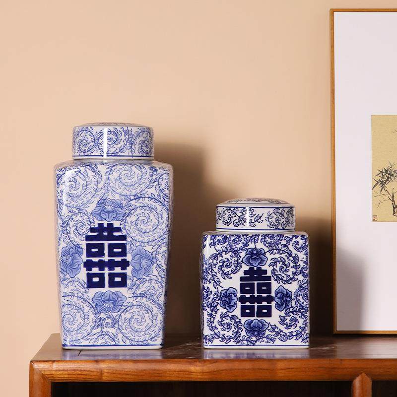 新款喜字陶瓷储物罐摆件创意家居装饰电视柜花瓶摆件青花陶瓷花瓶,淘宝优惠券,粉丝福利购,淘宝优惠卷