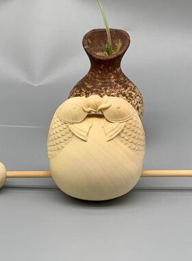 大叶黄杨木雕刻双鱼戏珠款木鱼摆件摆饰木质工艺装饰文玩厂家