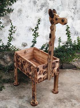 木质梅花鹿长颈鹿花盆幼儿园装饰森林系店面橱窗民宿道具户外摆件