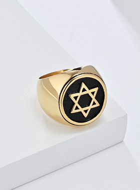 欧美复古大卫星六芒星钛钢戒指男