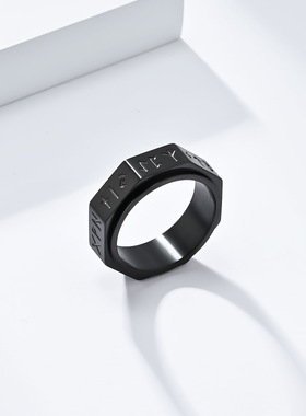 北欧维京文字八面旋转钛钢戒指