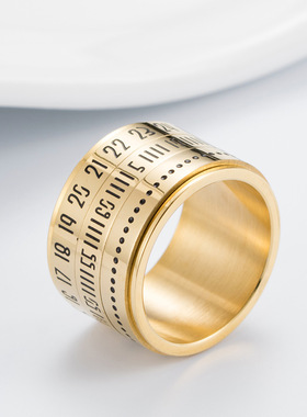 钛钢时间戒指旋转动阿拉伯数字指