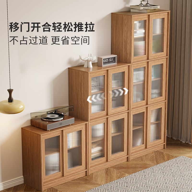 Solid wood bookcase floor-standing free combination with door bookshelf sliding door E display cabinet against the wall rubber wood sliding door book