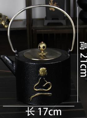 禅茶铁茶壶办公室桌面喝茶龙凤和尚提梁壶炭火铁炉金属工艺品摆件