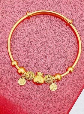 古法黄金色宝宝金手镯平安喜乐寓意好福袋婴儿男女童满月周岁礼物