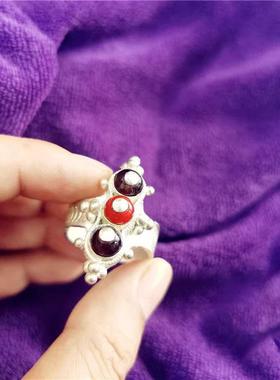 凉山彝族复古开口戒指男女情侣款红绿珠藏族少数民族手工艺饰品