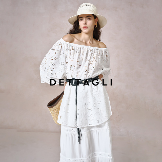Detali casual resort style white French one-neck long-sleeved hollow shirt top