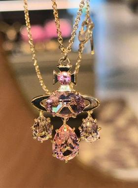 捕梦网系列土星粉钻锆石水晶珠链项链吊坠精致小众高级感锁骨链