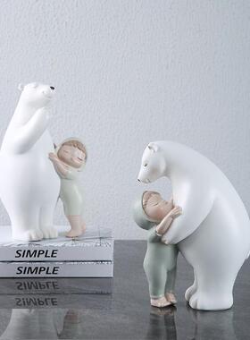 欧式创意北极熊摆件熊抱小孩家居玄关房间客厅装饰树脂工艺品摆件