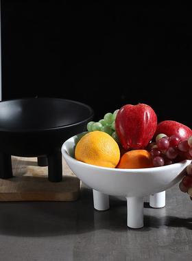 极简黑白陶瓷高脚三脚果碗北欧软装售楼样板间饰品玄关家居摆件