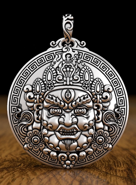 999纯银圆款黄财神吊坠立体实心五路米神足银项链男女本命佛项坠