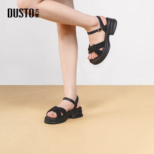 大东女凉鞋2025夏季新款粗跟高跟时尚舒适百搭圆头一字带女凉鞋女