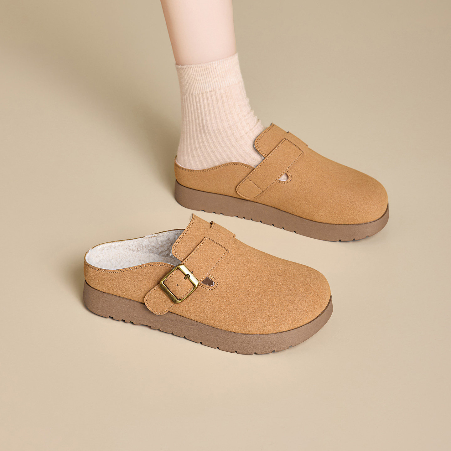 大东女鞋勃肯鞋2025冬季新款可爱舒适圆头平底懒人套脚长毛绒单鞋,淘宝优惠券,粉丝福利购,淘宝优惠卷