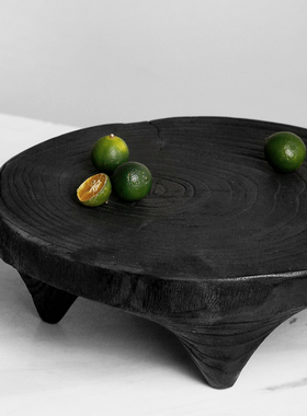 梵其炭烧木质现代侘寂风q圆形果盘托盘摆件样板间客厅茶几桌面软