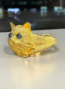 古法金布偶猫戒指 纯银镀18K黄金色伦敦蓝托帕石男女对戒个性高级