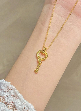 ING钥匙项链女纯银镀18K黄金色环扣绳结镂空吊坠锁骨链时尚气质潮
