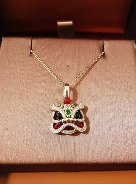 国潮舞狮项链女纯银镀黄金色红玛瑙国风醒狮麒麟民族风锁骨链高级