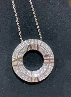 大圆饼满钻项链  女纯银玫瑰金白金色罗马数字圆环锁骨链轻奢高级