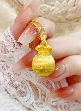 拉丝福袋钱袋项链 女纯银镀18K黄金色镶钻点钻锁骨链精致福气招财