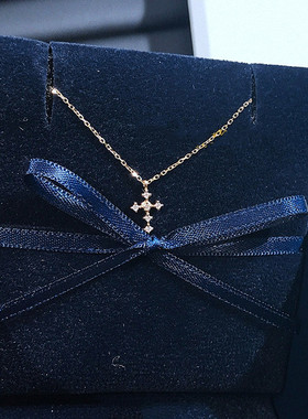 日本AHAH十字架项链 女纯银镀18K黄金色满钻锁骨链精致高级简约潮