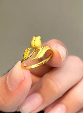 郁金香纯银镀黄金色戒指
