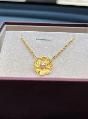 格桑花珍珠项链 女纯银镀18K黄金色花朵小雏菊锁骨链气质时尚高级