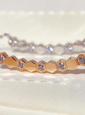 纯银蜂巢手链女玫瑰金白金镶钻笑脸蜂窝微笑手环设计百搭时尚礼物