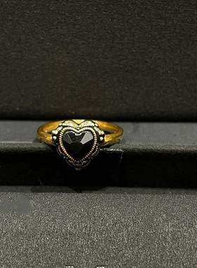 爱心黑玛瑙戒指 女纯银镀18K黄金色复古宫廷风指环高级感轻奢百搭