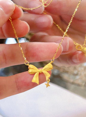 少女心星梦蝴蝶结项链女纯银镀黄金色五角星流苏锁骨链甜美礼物潮