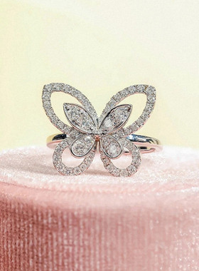 纯银蝴蝶戒指女白金满钻开口可调节指环气质高级名媛送女友礼物潮