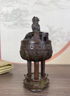 仿古铜器收藏黄铜双耳三足鼎瑞兽狮子铜香炉熏香炉家用茶道装饰品