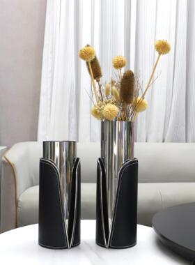 现代简约金属皮革开口花器办公室客厅玄关餐厅样板房茶几家居饰品