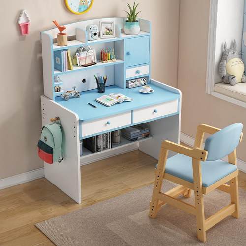 实木儿童升降学习桌桌子木质桌椅写字桌实木粉色蓝色小学生书架 - 图1